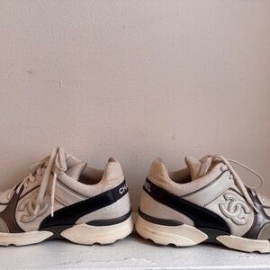 Authentic Chanel White + Grey Canvas Sneakers, Size 38